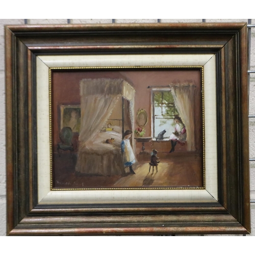 3011 - Deborah Jones (b. 1921): oil on board, Childhood Bedroom Scene, signed to lower right, 24 x 19 cm. P... 