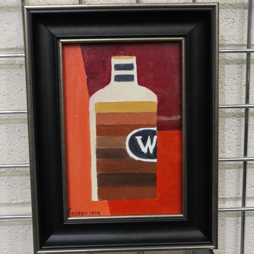 3012 - Mary Fedden (1915-2012): oil on board, whisky bottle, dated 1999, with handwritten card from Mary to... 