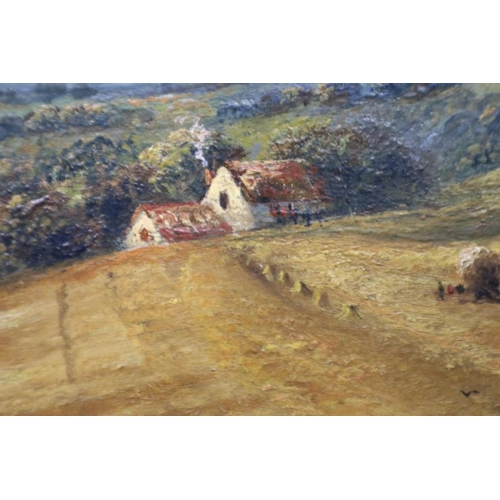 3014 - Late 19th/early 20th century unattributed oil on board, Haystacks, 47 x 31 cm, unsigned. P&P Group 3... 