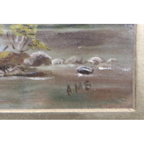 3022 - A Pair of unattributed 19th century landscape oils, initialled AMS, each 12 x 22 cm. Not available f... 