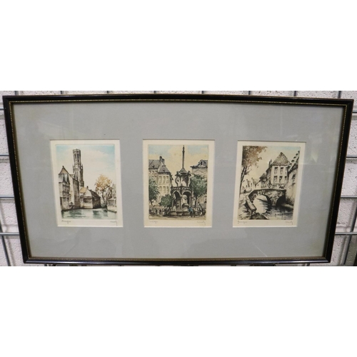 3027 - Three pencil signed colour engravings of Bruges, each 14 x 10 cm. P&P Group 3 (£25+VAT for the first... 