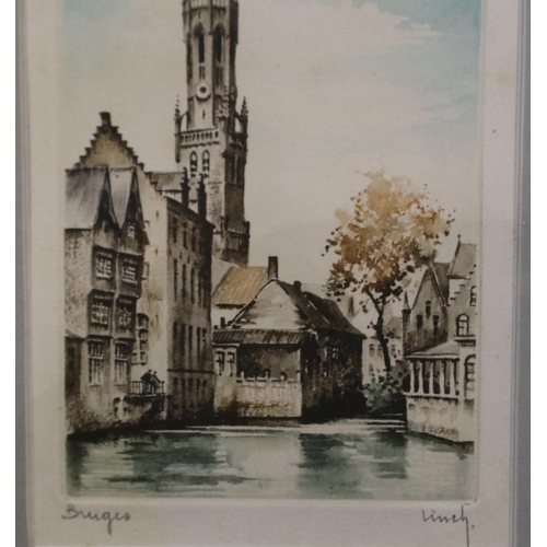 3027 - Three pencil signed colour engravings of Bruges, each 14 x 10 cm. P&P Group 3 (£25+VAT for the first... 