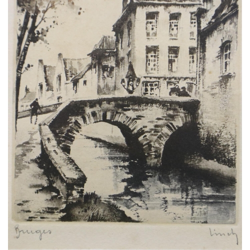 3027 - Three pencil signed colour engravings of Bruges, each 14 x 10 cm. P&P Group 3 (£25+VAT for the first... 