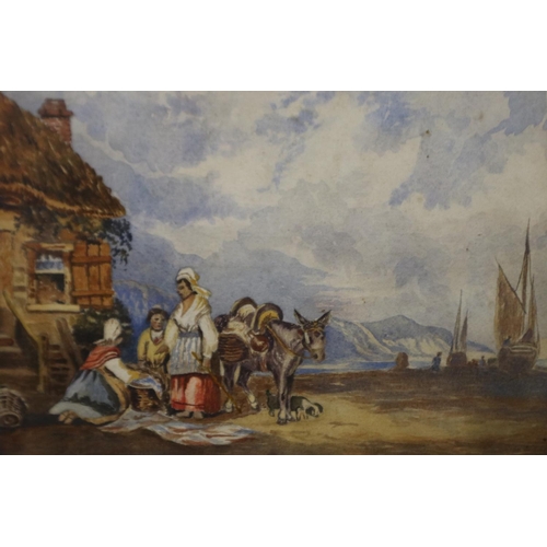 3033 - An unattributed 19th century continental watercolour, portside scene with labourers and donkeys, uns... 