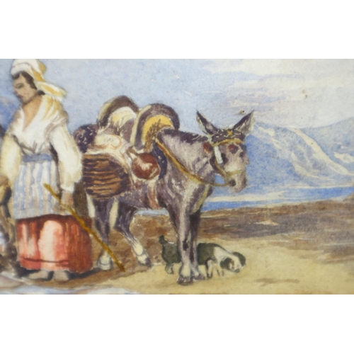 3033 - An unattributed 19th century continental watercolour, portside scene with labourers and donkeys, uns... 