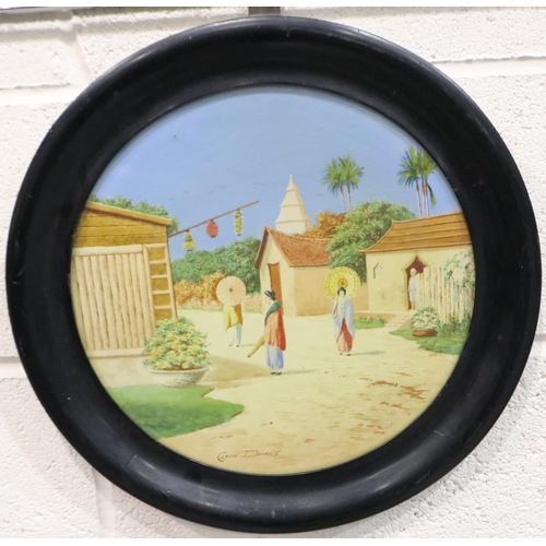 3046 - Claude Dupres (19th century French school): a circular watercolour, Japanese village scene, D: 32 cm... 