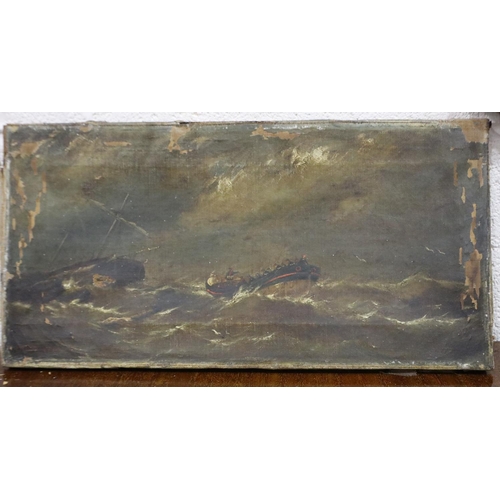 3049 - Distressed 19th century oil on canvas of a life boat fleeing a stricken ship, indistinctly signed, 4... 