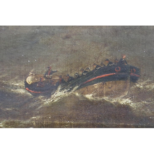 3049 - Distressed 19th century oil on canvas of a life boat fleeing a stricken ship, indistinctly signed, 4... 