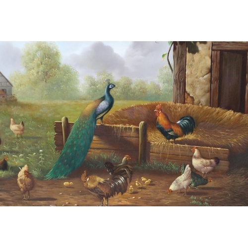 3055 - Ray Jacob (20th century): oil on board, farmyard scene with peacock and hens, 58 x 39 cm. Not availa... 