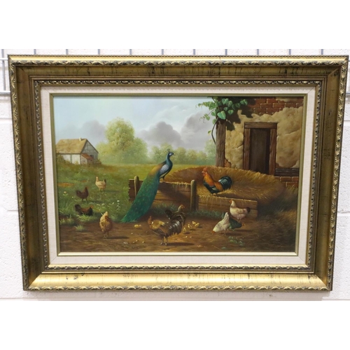 3055 - Ray Jacob (20th century): oil on board, farmyard scene with peacock and hens, 58 x 39 cm. Not availa... 