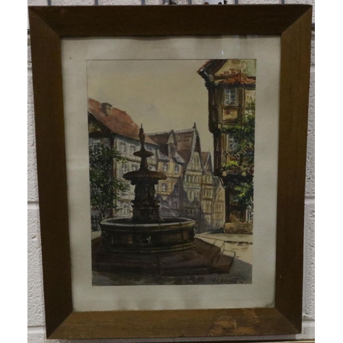 3056 - H Nokes (early 20th century): continental watercolour of a fountain, dated 47, 38 x 18 cm. Not avail... 