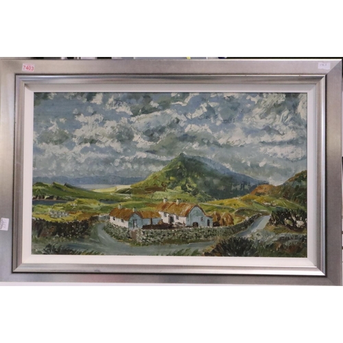 3060 - J Hart (20th century): oil on board, landscape with cottages, dated 68, 88 x 54 cm. Not available fo... 