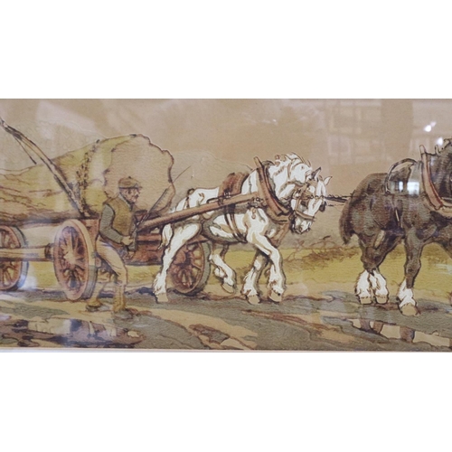 3063 - Unattributed watercolour of Shire horses pulling a tree trunk, 26 x 90 cm. Not available for in-hous... 