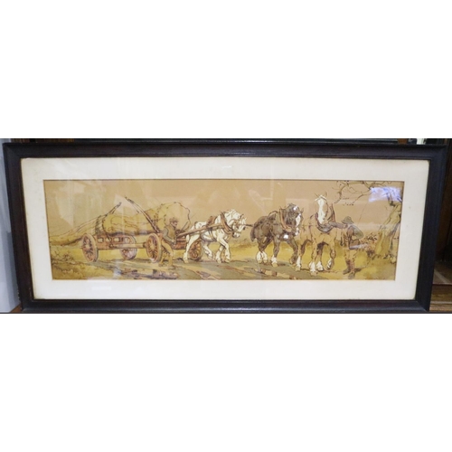 3063 - Unattributed watercolour of Shire horses pulling a tree trunk, 26 x 90 cm. Not available for in-hous... 