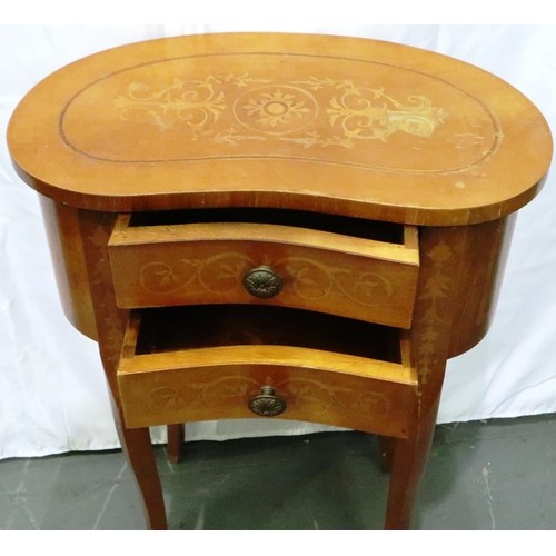 3076 - Small kidney shaped table with two drawers and inlaid top and sides, 46 x 26 x 67 cm. Not available ... 