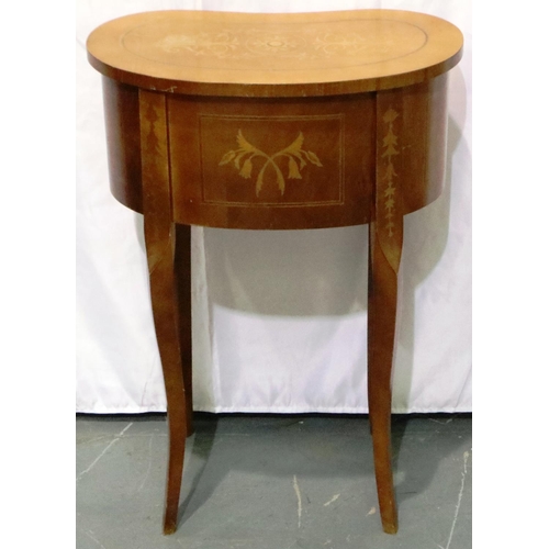 3076 - Small kidney shaped table with two drawers and inlaid top and sides, 46 x 26 x 67 cm. Not available ... 