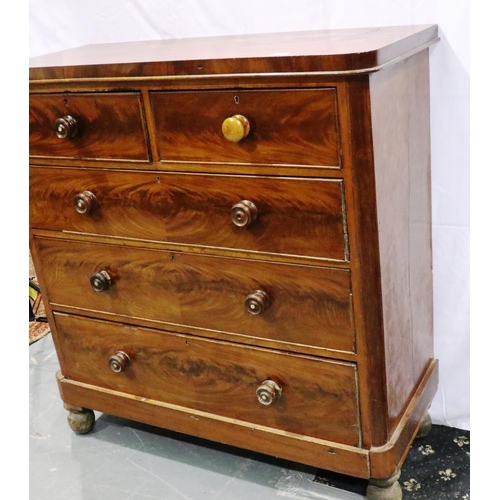 3081 - Victorian mahogany chest of two short over three long drawers with ball feet, 47 x 50 x 123 cm H. No... 