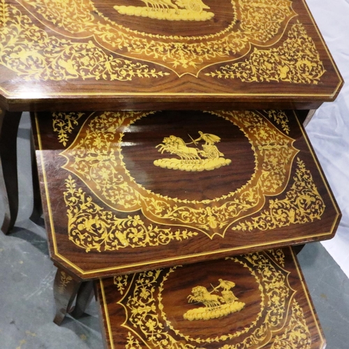 3082 - Nest of three occasional tables with inlaid decoration, largest 66 x 46 x 66 cm H. Not available for... 