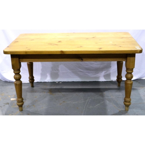 3085 - Rectangular pine table with single drawer on turned supports, 150 x 88 x 80 cm H. Not available for ... 