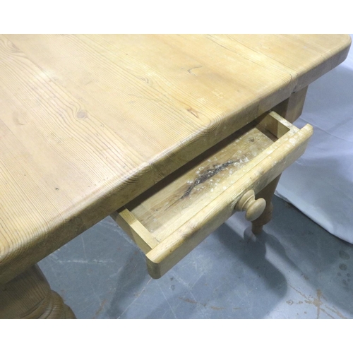 3085 - Rectangular pine table with single drawer on turned supports, 150 x 88 x 80 cm H. Not available for ... 