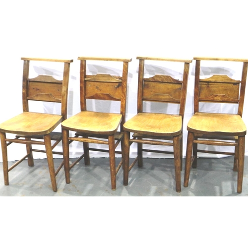 3087 - Four elm seated chapel chairs with hymnal backs. Not available for in-house P&P