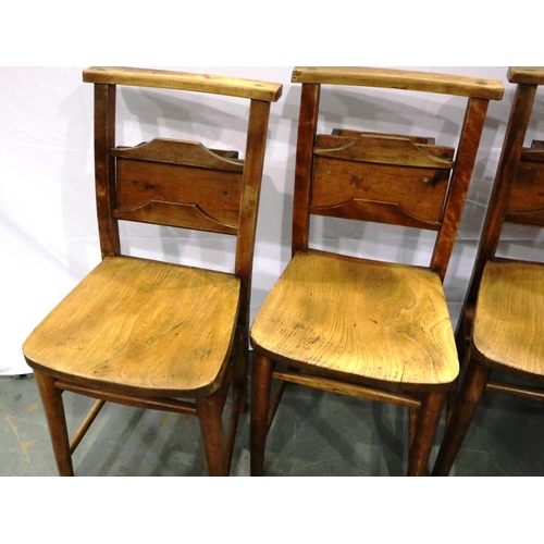 3087 - Four elm seated chapel chairs with hymnal backs. Not available for in-house P&P