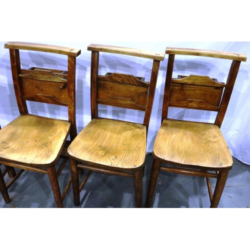 3087 - Four elm seated chapel chairs with hymnal backs. Not available for in-house P&P