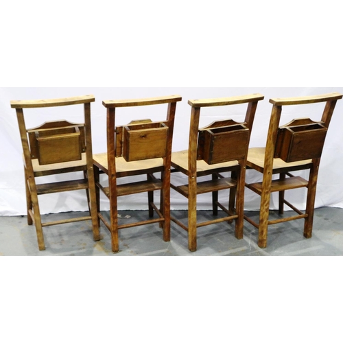 3087 - Four elm seated chapel chairs with hymnal backs. Not available for in-house P&P