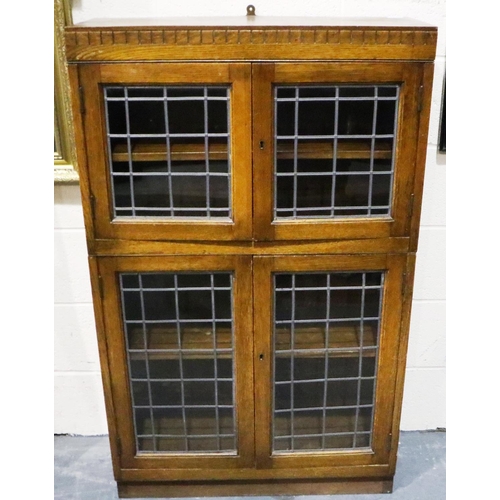 3092 - Oak two piece stacking lead glazed bookcase, 76 x 28 x 125 cm H. Not available for in-house P&P