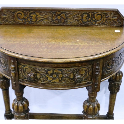 3097 - Heavily carved oak half moon table with single drawer, 40 x 72 x 78 cm H. Not available for in-house... 