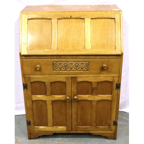 3108 - Jentique golden oak drop front bureau with fitted interior, single drawer and two cupboards, 76 x 41... 