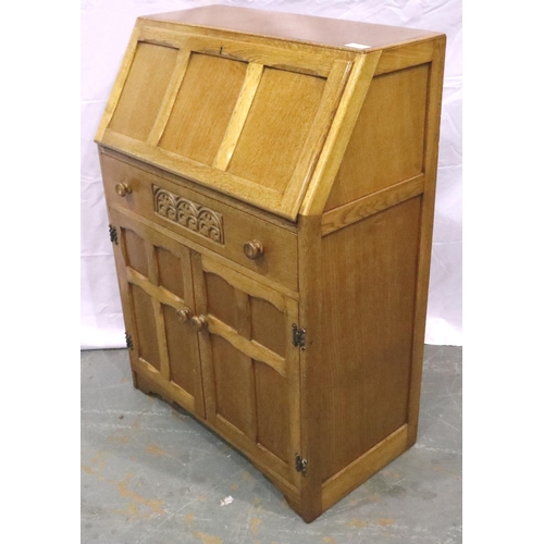 3108 - Jentique golden oak drop front bureau with fitted interior, single drawer and two cupboards, 76 x 41... 