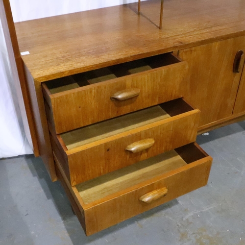 3114 - 1960s teak G Plan room divider with drop down cupboard, three drawers and shelved cupboard, 46 x 118... 