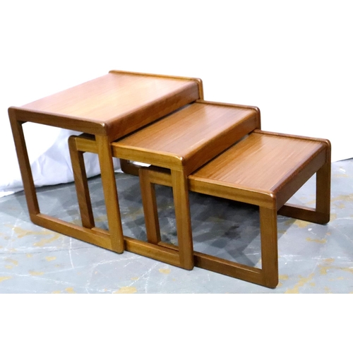 3115 - Sunelm 1970s teak nest of three graduating tables, largest 50 x 43 x 43 cm H. Not available for in-h... 