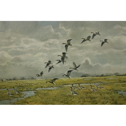 2012 - Hugh Monahan (Irish, 1914-1970): a pair of prints, estuary scenes with wild birds in flight, each 61... 