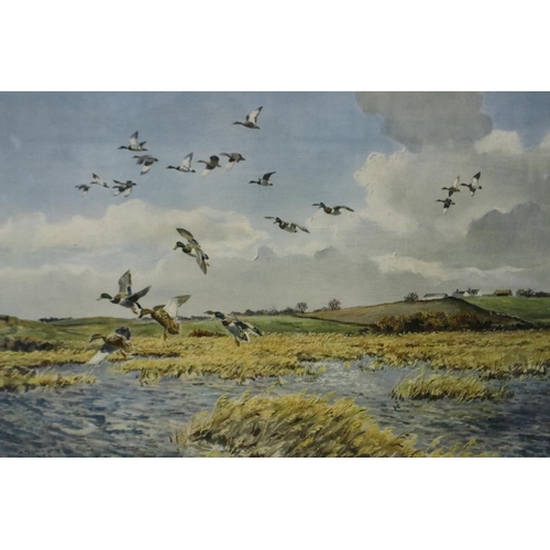 2012 - Hugh Monahan (Irish, 1914-1970): a pair of prints, estuary scenes with wild birds in flight, each 61... 