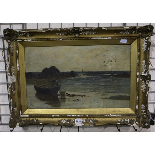 2014 - Richard Wane RBA (1852-1904): oil on canvas, coastal scene with fishing boats, in distressed conditi... 