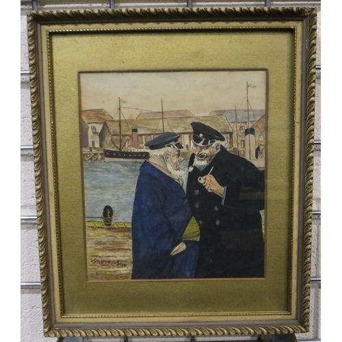 2031 - F Stevenson (19th/20th century): watercolour, two sea captains at port, dated 1914, 18 x 21 cm. Not ... 