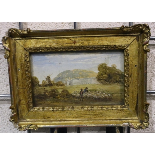 2032 - Harold Cox (B.1921): watercolour, Sheep Herders with Mill, 12 x 7 cm, signature partially obstructed... 