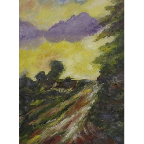 2036 - An unattributed 19th century impasto oils on board, country lane at sunset, 24 x 34 cm, unsigned. No... 