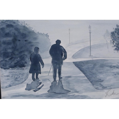 2037 - Harold Riley (B.1934): monochrome watercolour, figures walking through a park, dated 1980, 33 x 28 c... 