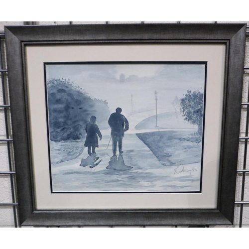 2037 - Harold Riley (B.1934): monochrome watercolour, figures walking through a park, dated 1980, 33 x 28 c... 