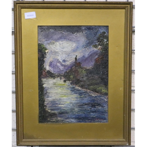 2039 - An unattributed 19th century impasto oils on board, moonlit river scene, 25 x 35 cm, unsigned. Not a... 