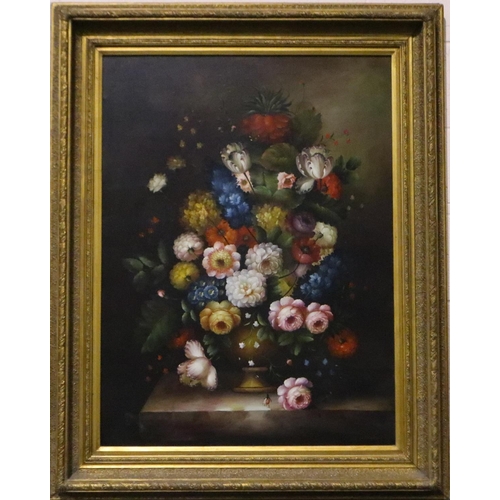 2049 - A substantial 19th century oil on canvas, still life with flowers, 74 x 99 cm, within a heavy gilt f... 