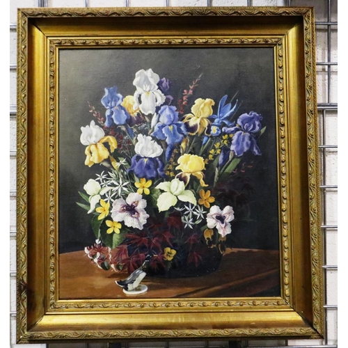 2055 - R Barrington (20th century): oil on canvas, floral arrangement with mallard ornament, 39 x 45 cm. No... 