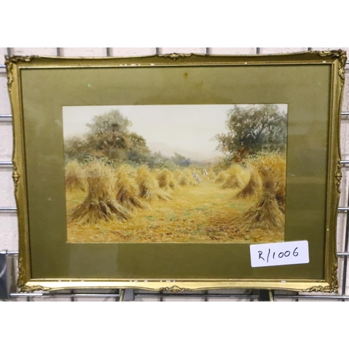 2099 - R Christie Smith (fl. 1924-1927): watercolour, haystacks, 33 x 21 cm. Not available for in-house P&P