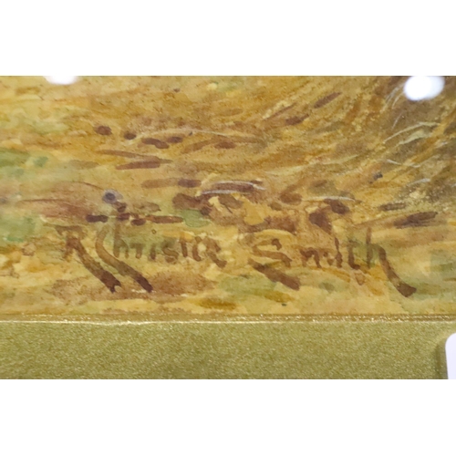 2099 - R Christie Smith (fl. 1924-1927): watercolour, haystacks, 33 x 21 cm. Not available for in-house P&P