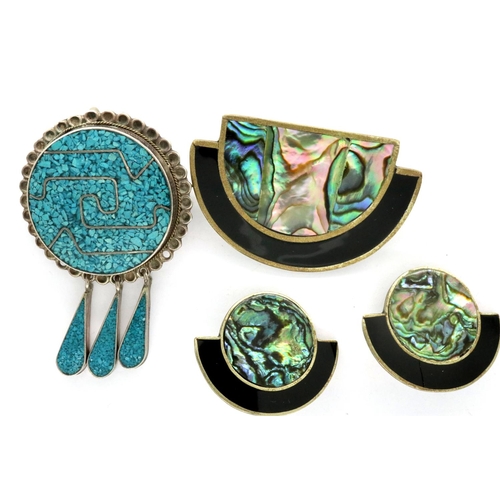 11 - Sterling silver brooch, D: 40 mm, and a Mexican silver brooch and earring set. P&P Group 1 (£14+VAT ... 