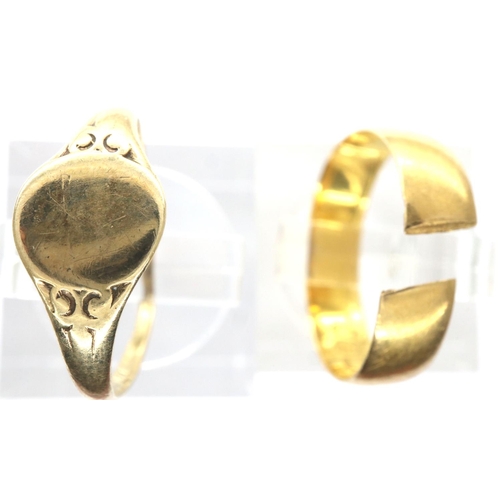 3 - 22ct gold band (cut), 2.3g, with a 9ct gold signet ring, size J/K, 0.8g, slightly off round. P&P Gro... 