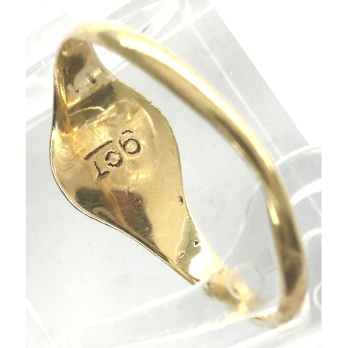 3 - 22ct gold band (cut), 2.3g, with a 9ct gold signet ring, size J/K, 0.8g, slightly off round. P&P Gro... 